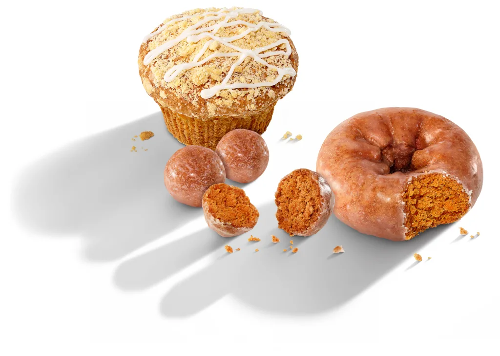 Dunkin pumpkin donut, pumpkin Munchkins and pumpkin muffin